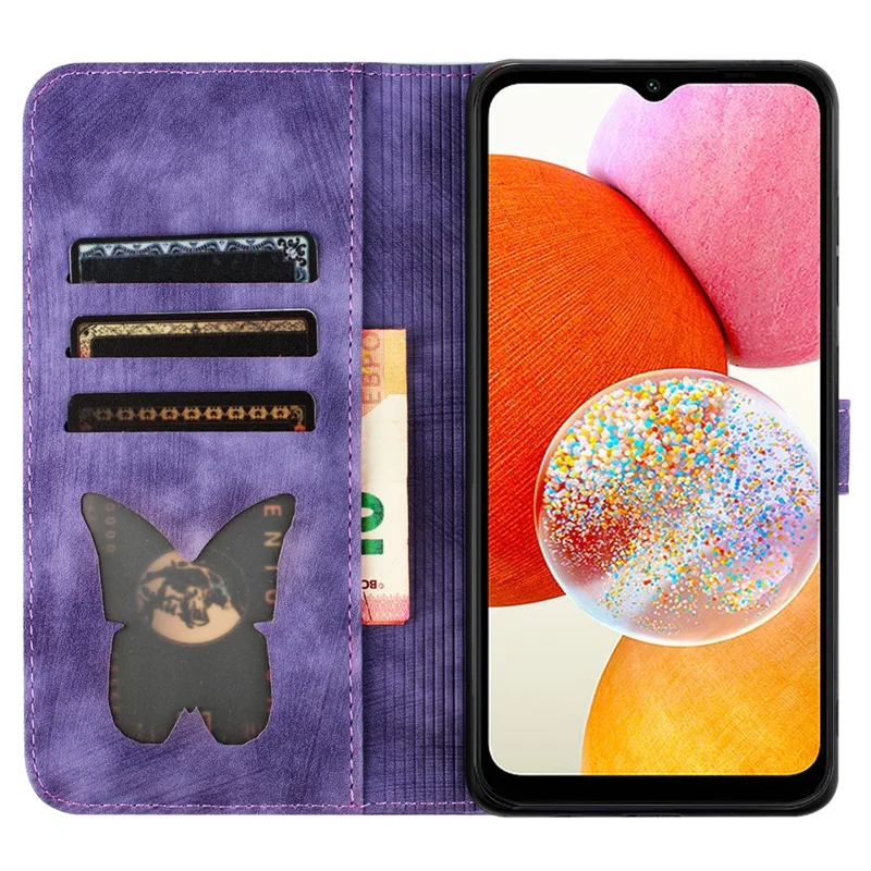 Para Samsung Galaxy A14 4G / 5G Case Borboleta Cat Pattern Wallet Leather Phone Cover - Roxo