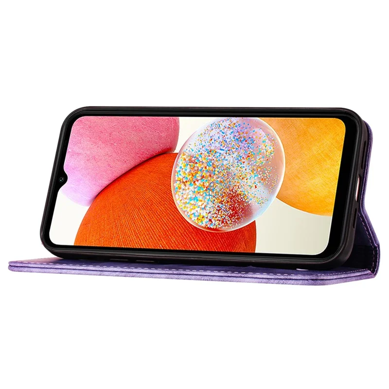 Para Samsung Galaxy A14 4G / 5G Case Borboleta Cat Pattern Wallet Leather Phone Cover - Roxo