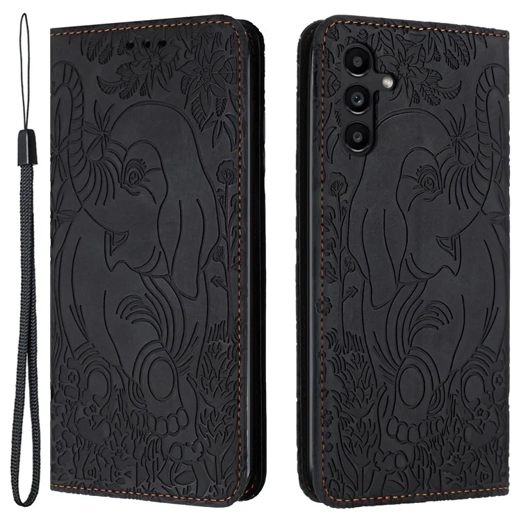 For Samsung Galaxy A24 4G (162.1 X 77.6 X 8.3mm) Case Elephant Pattern Leather Phone Wallet Cover - Black
