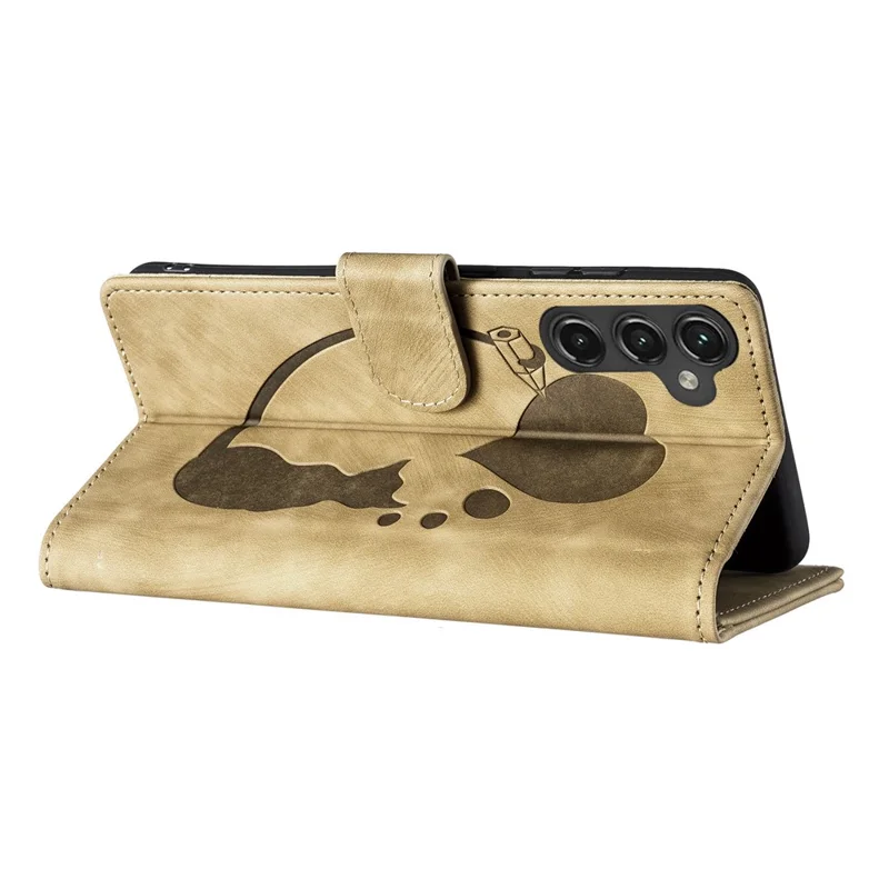 For Samsung Galaxy A55 5G Case Heart Cat Folding Stand PU Leather Phone Cover - Light Brown