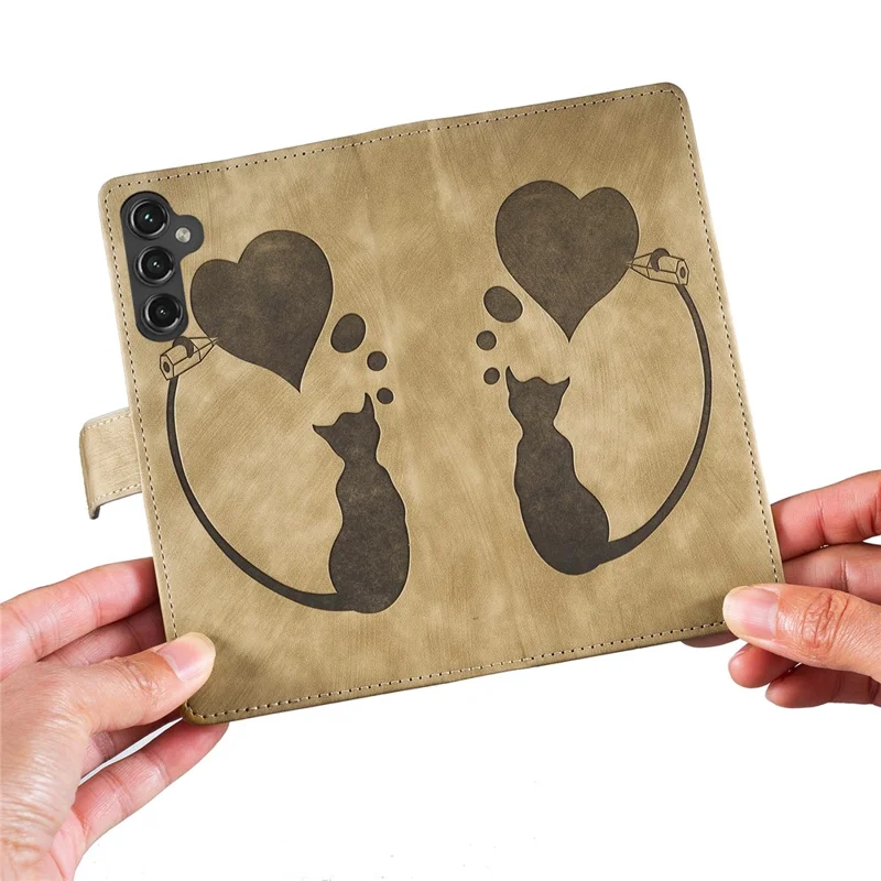 For Samsung Galaxy A55 5G Case Heart Cat Folding Stand PU Leather Phone Cover - Light Brown
