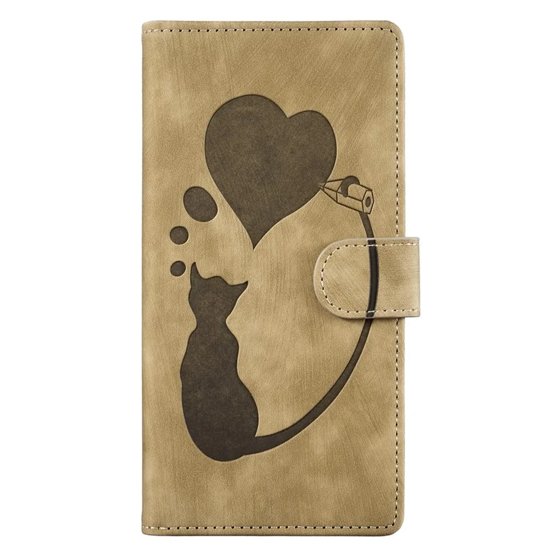 For Samsung Galaxy A55 5G Case Heart Cat Folding Stand PU Leather Phone Cover - Light Brown