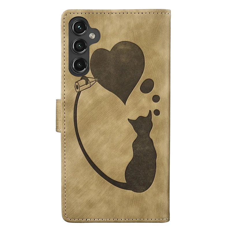 For Samsung Galaxy A55 5G Case Heart Cat Folding Stand PU Leather Phone Cover - Light Brown