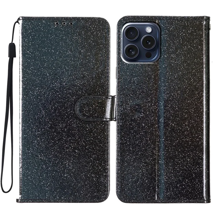Für iPhone 16 Pro Max Case Stand Wallet Glitter Leather Phone Cover - Schwarz