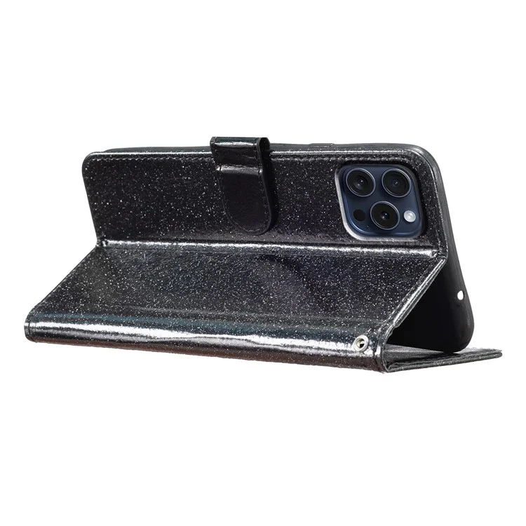 Für iPhone 16 Pro Max Case Stand Wallet Glitter Leather Phone Cover - Schwarz