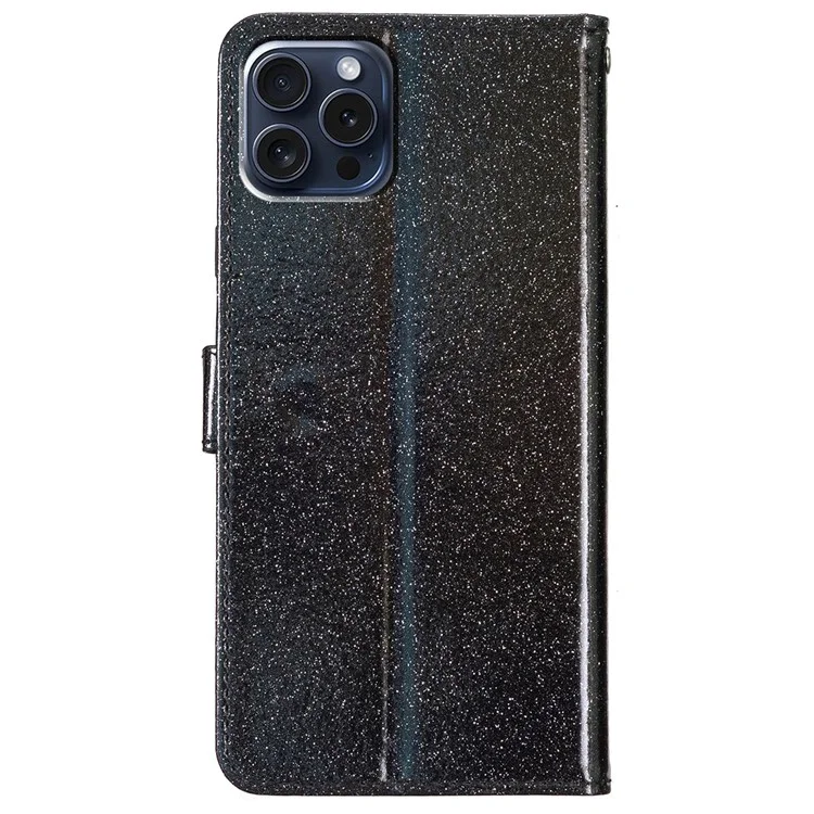 Für iPhone 16 Pro Max Case Stand Wallet Glitter Leather Phone Cover - Schwarz