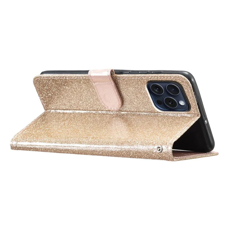 For iPhone 16 Pro Max Case Stand Wallet Glitter Leather Phone Cover - Gold