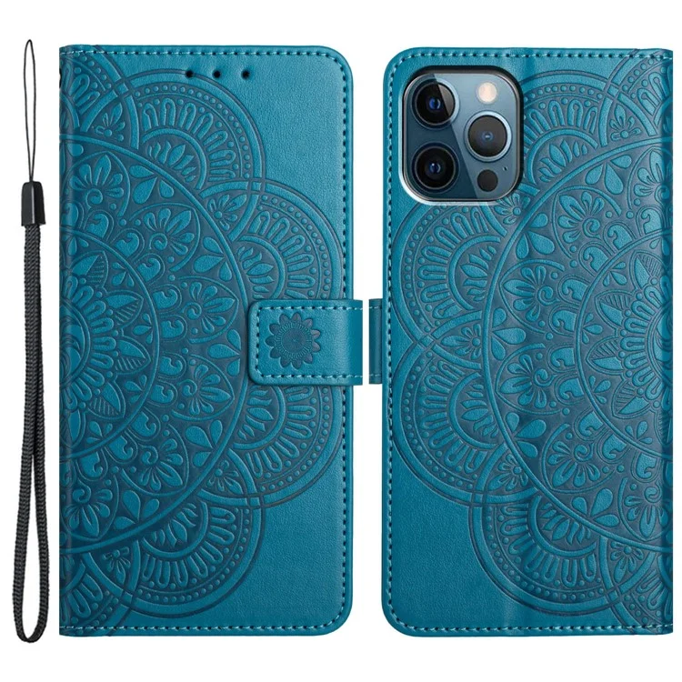 Per iPhone 16 Pro Case PU Leather Stand Wallet Phone Cover Mandala Imprinted - Blue