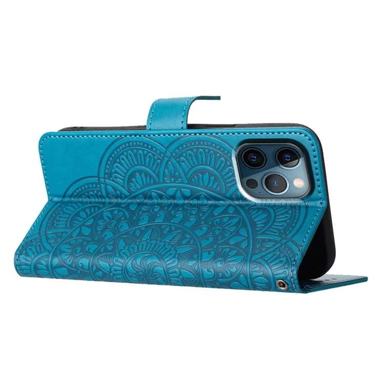 Per iPhone 16 Pro Case PU Leather Stand Wallet Phone Cover Mandala Imprinted - Blue