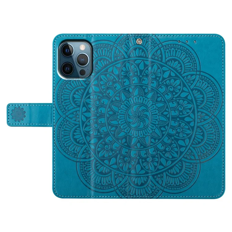 Per iPhone 16 Pro Case PU Leather Stand Wallet Phone Cover Mandala Imprinted - Blue