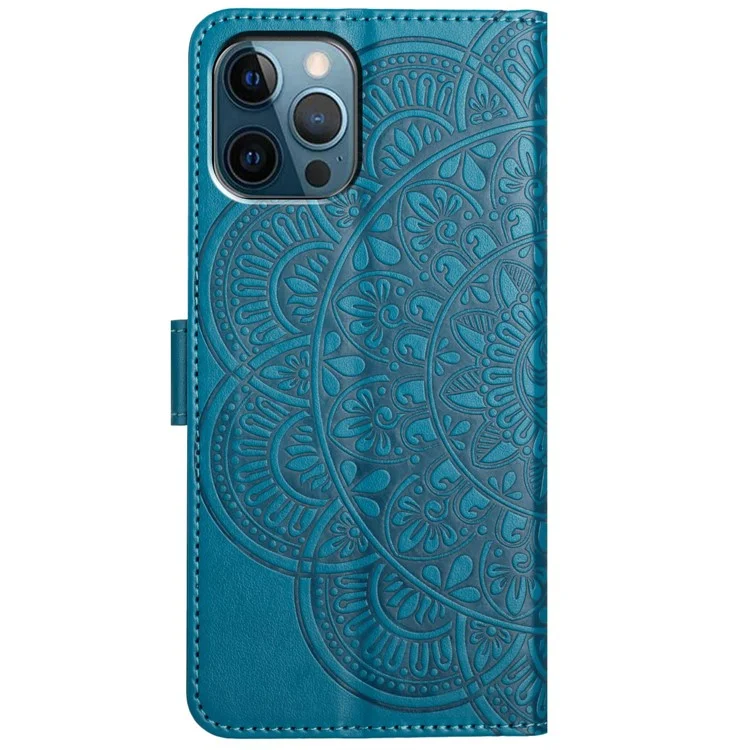 Per iPhone 16 Pro Case PU Leather Stand Wallet Phone Cover Mandala Imprinted - Blue