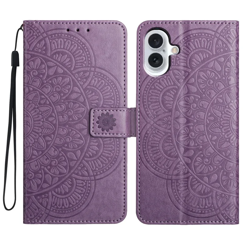 Capa para iPhone 16 Plus com Padrão Mandala Estampado e Suporte de Couro - Púrpura
