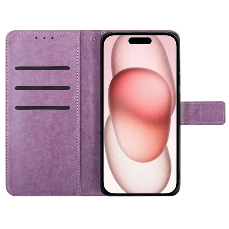Capa para iPhone 16 Plus com Padrão Mandala Estampado e Suporte de Couro - Púrpura