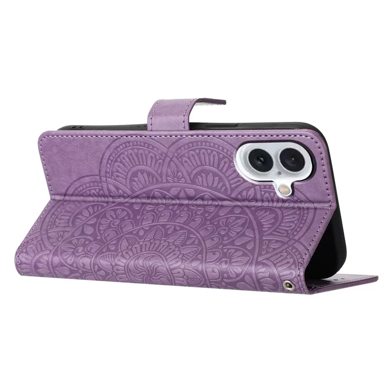 Capa para iPhone 16 Plus com Padrão Mandala Estampado e Suporte de Couro - Púrpura