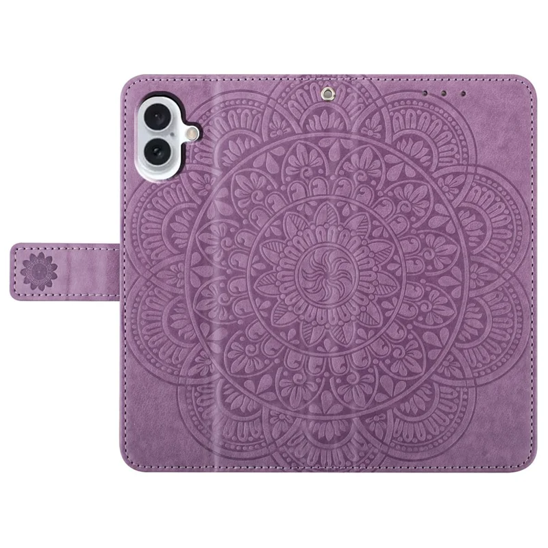 Capa para iPhone 16 Plus com Padrão Mandala Estampado e Suporte de Couro - Púrpura