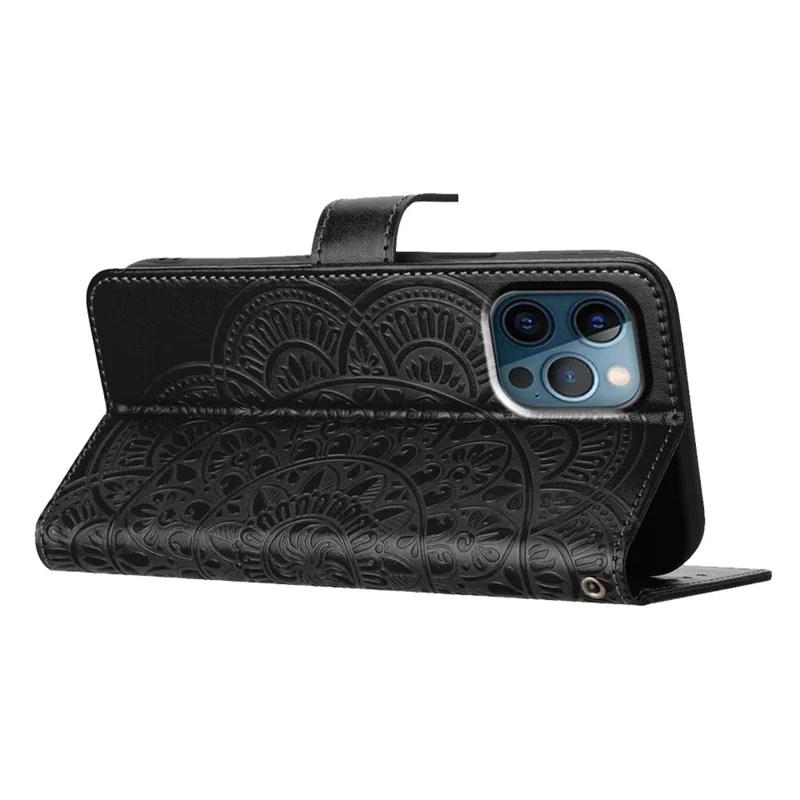 For iPhone 16 Pro Max Case Wallet PU Leather Mandala Pattern Phone Cover with Strap - Black