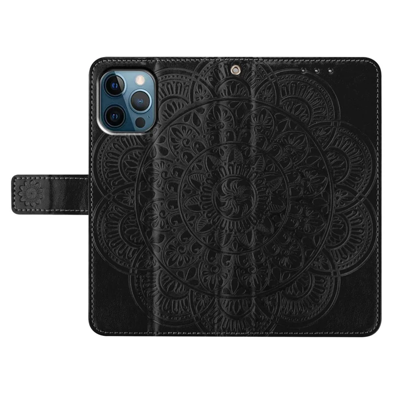 For iPhone 16 Pro Max Case Wallet PU Leather Mandala Pattern Phone Cover with Strap - Black