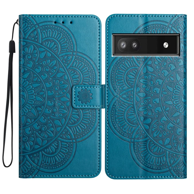 Para o Google Pixel 8a Case PU Leather Mandala Imprinted Phone Cover - Azul