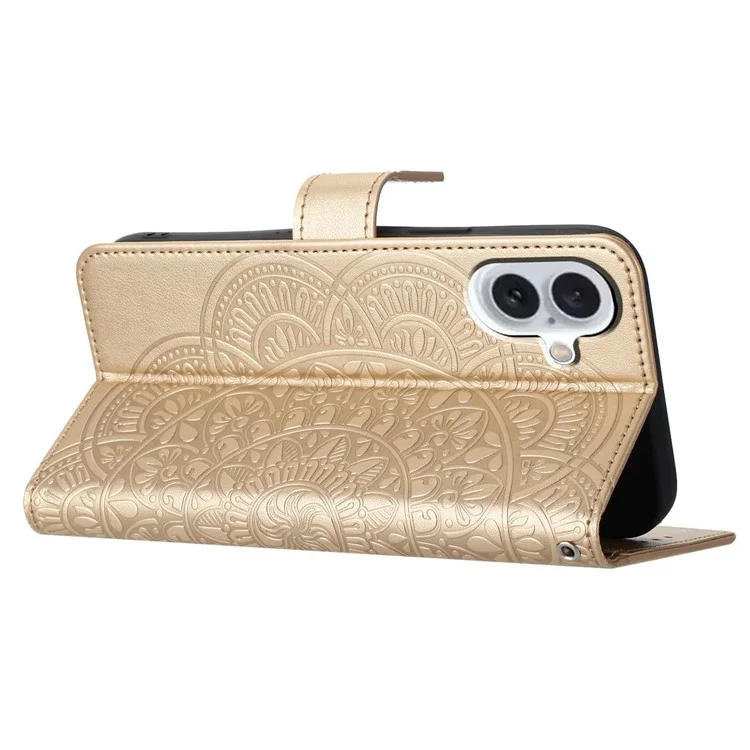 Étui pour iPhone 16 Mandala Flower PU Leather Flip Wallet Phone Cover - Or