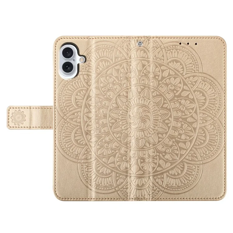 Étui pour iPhone 16 Mandala Flower PU Leather Flip Wallet Phone Cover - Or