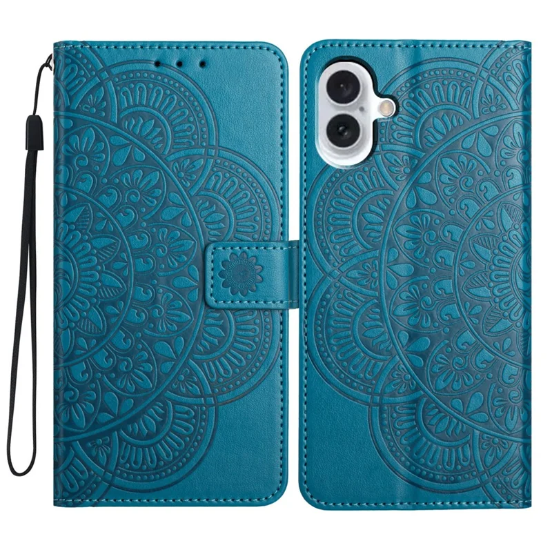 For iPhone 16 Case Mandala Flower PU Leather Flip Wallet Phone Cover - Blue