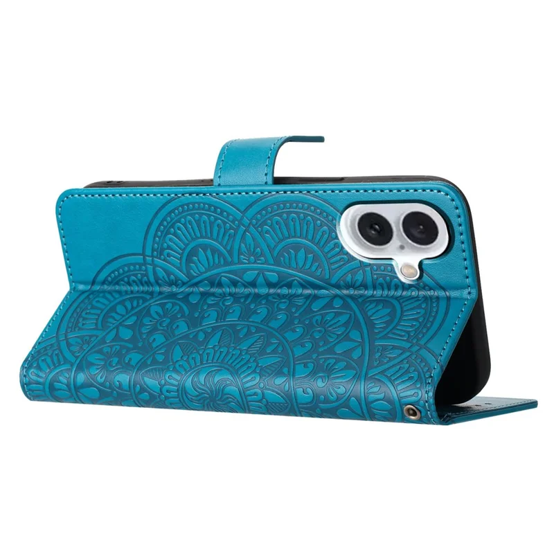 For iPhone 16 Case Mandala Flower PU Leather Flip Wallet Phone Cover - Blue