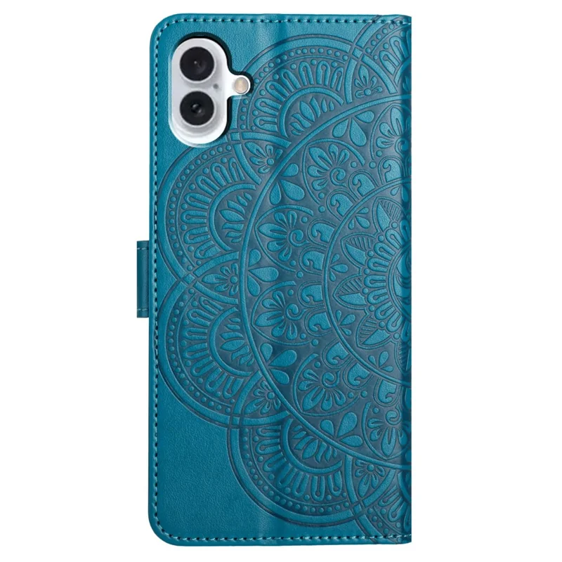 For iPhone 16 Case Mandala Flower PU Leather Flip Wallet Phone Cover - Blue