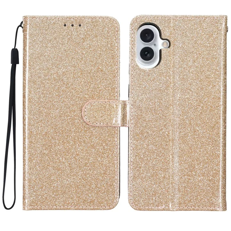Para iPhone 16 Plus Case PU Leather Wallet Folding Stand Glitter Phone Cover - Gold