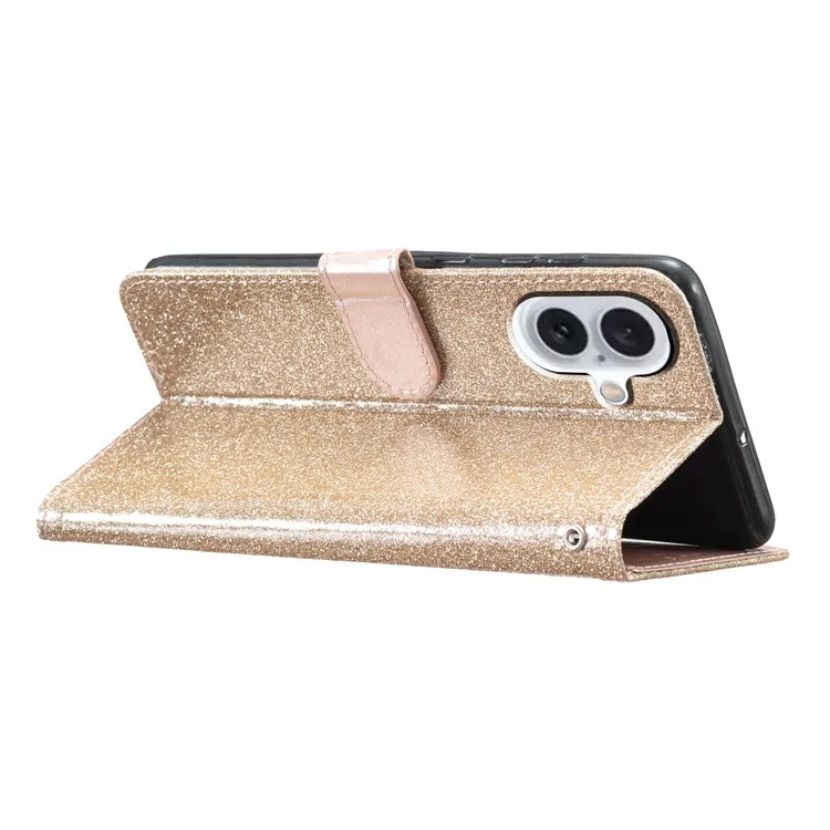 Para iPhone 16 Plus Case PU Leather Wallet Folding Stand Glitter Phone Cover - Gold