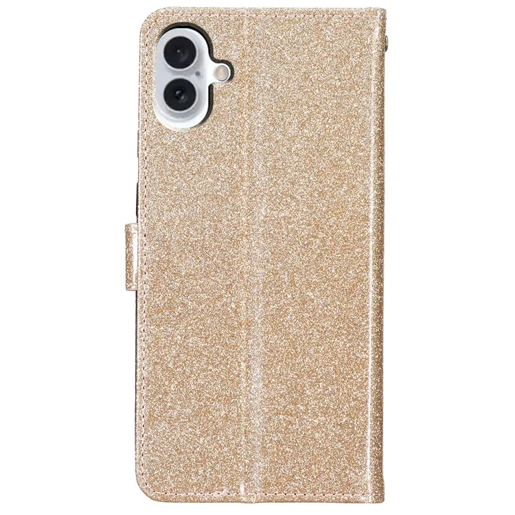 Para iPhone 16 Plus Case PU Leather Wallet Folding Stand Glitter Phone Cover - Gold
