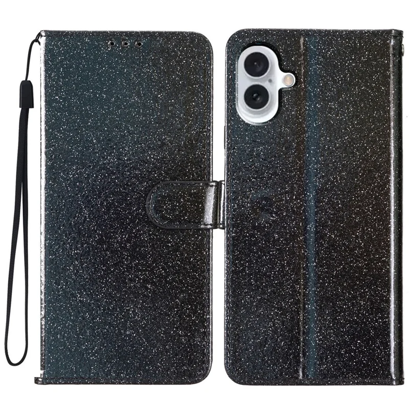 Capa Protetora para iPhone 16 Glitter Leather Wallet Phone Cover - Preto