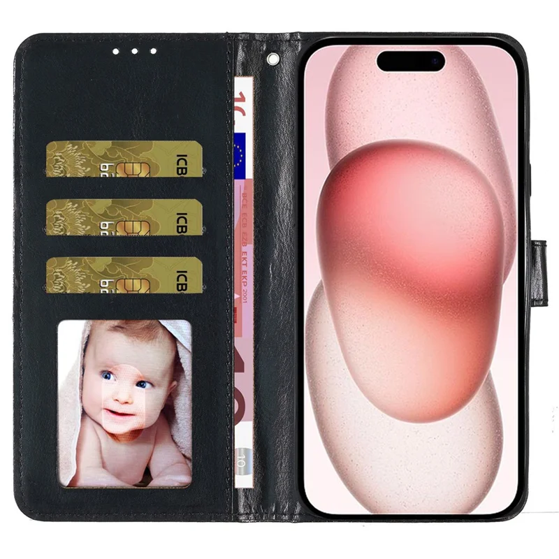 Capa Protetora para iPhone 16 Glitter Leather Wallet Phone Cover - Preto