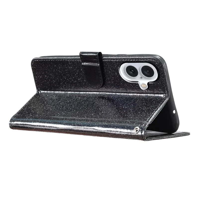 Capa Protetora para iPhone 16 Glitter Leather Wallet Phone Cover - Preto