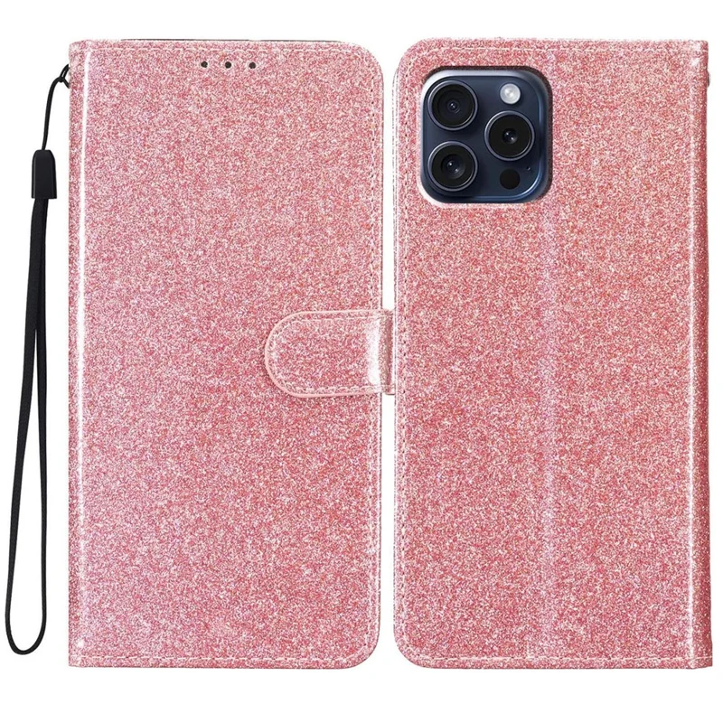 For iPhone 16 Pro Case Glitter PU Leather Wallet Card Slots Phone Cover - Rose Gold