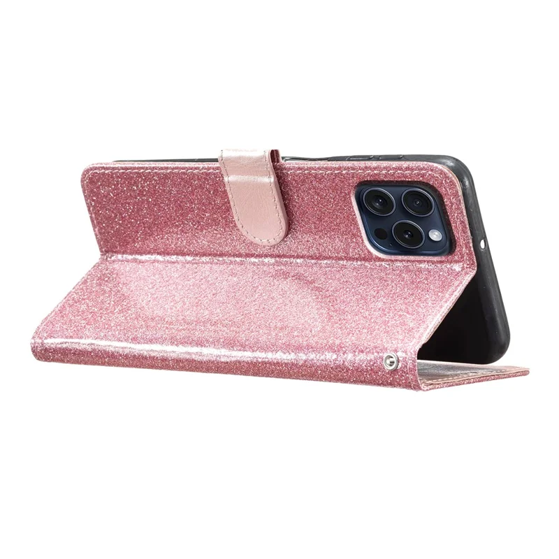 For iPhone 16 Pro Case Glitter PU Leather Wallet Card Slots Phone Cover - Rose Gold