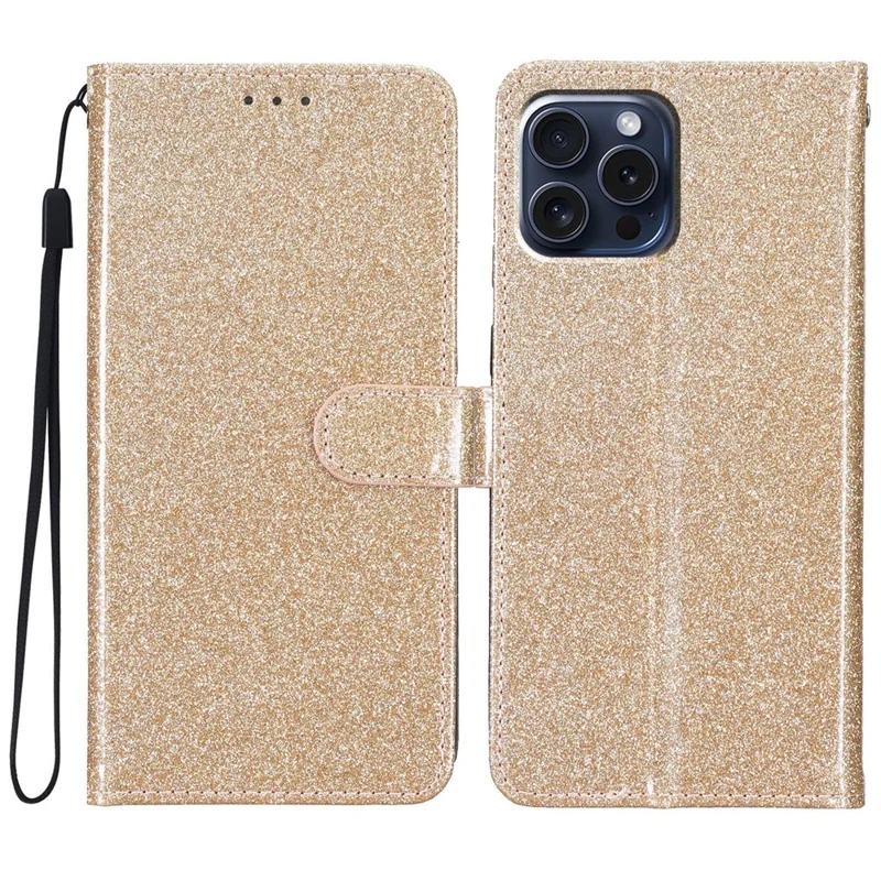 For iPhone 16 Pro Case Glitter PU Leather Wallet Card Slots Phone Cover - Gold
