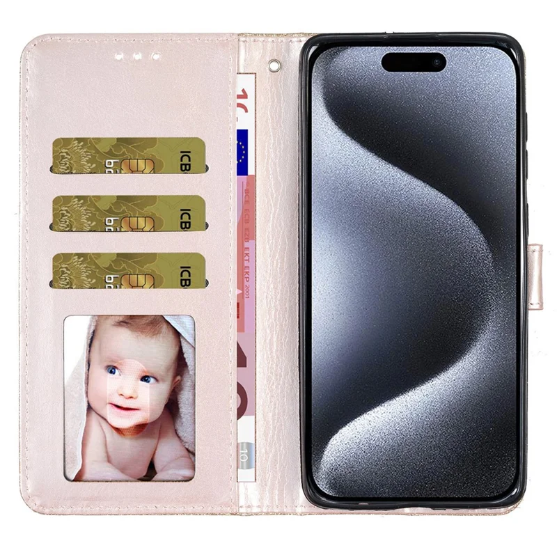 For iPhone 16 Pro Case Glitter PU Leather Wallet Card Slots Phone Cover - Gold