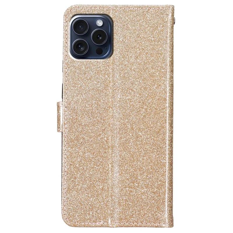 For iPhone 16 Pro Case Glitter PU Leather Wallet Card Slots Phone Cover - Gold