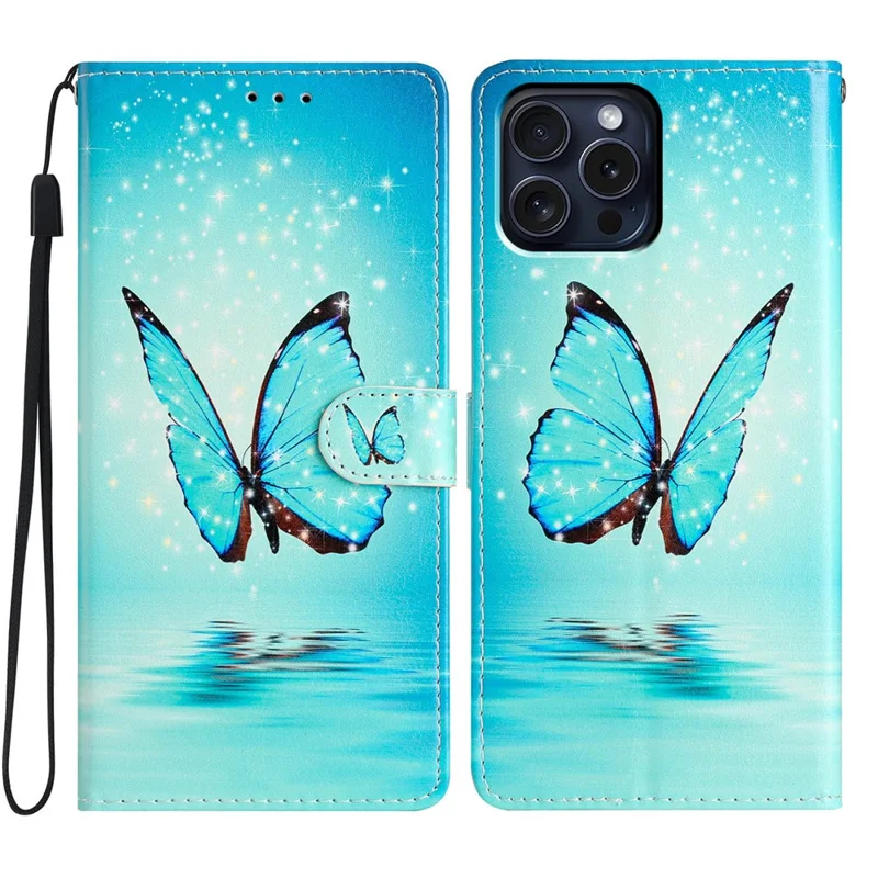 For iPhone 16 Pro Case Print Pattern Design PU Leather Phone Cover with Card Slots Wrist Strap - Blue Butterfly