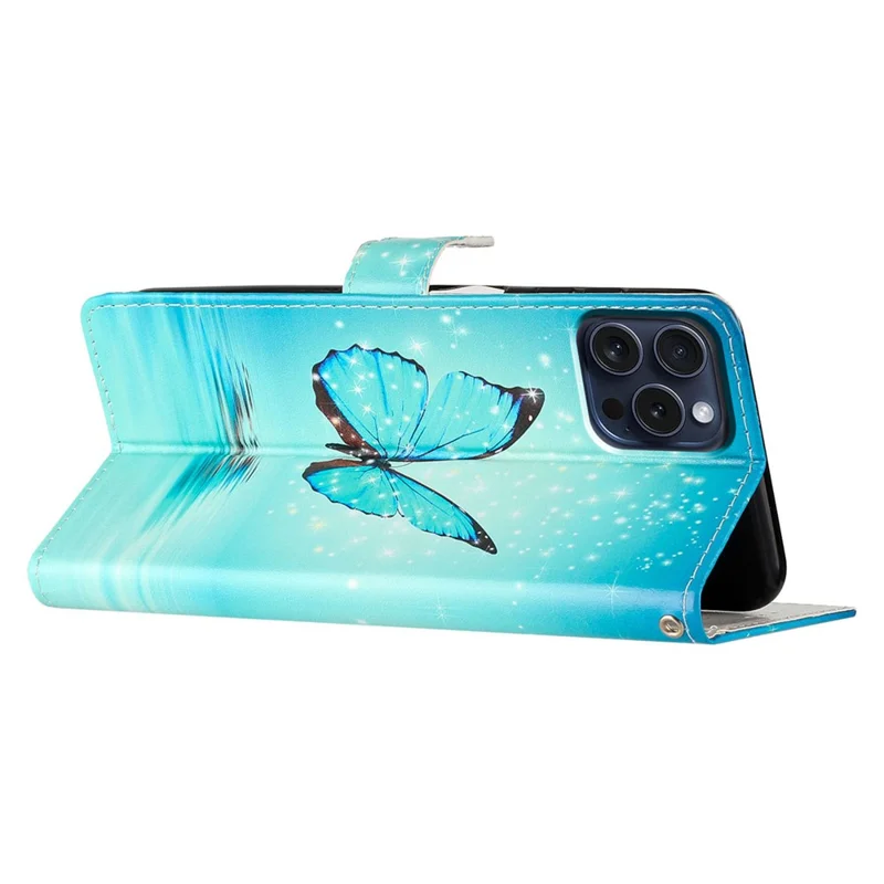 For iPhone 16 Pro Case Print Pattern Design PU Leather Phone Cover with Card Slots Wrist Strap - Blue Butterfly