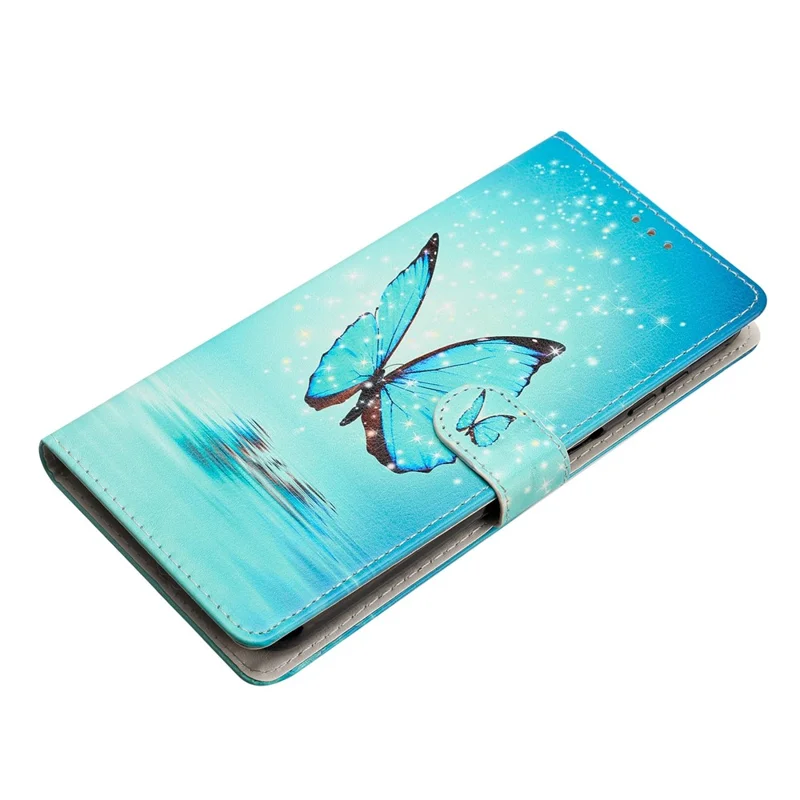 For iPhone 16 Pro Case Print Pattern Design PU Leather Phone Cover with Card Slots Wrist Strap - Blue Butterfly