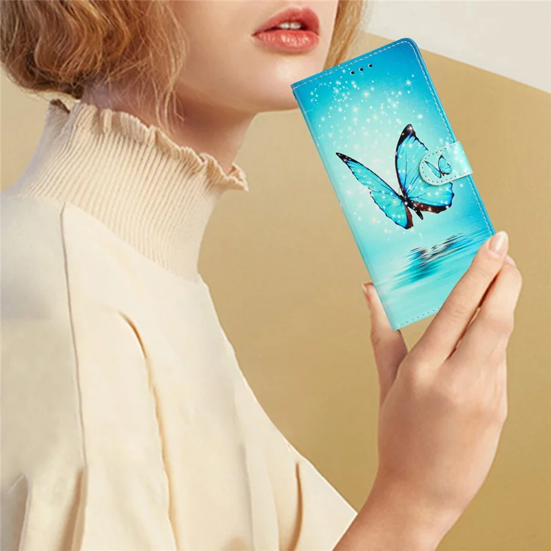 For iPhone 16 Pro Case Print Pattern Design PU Leather Phone Cover with Card Slots Wrist Strap - Blue Butterfly