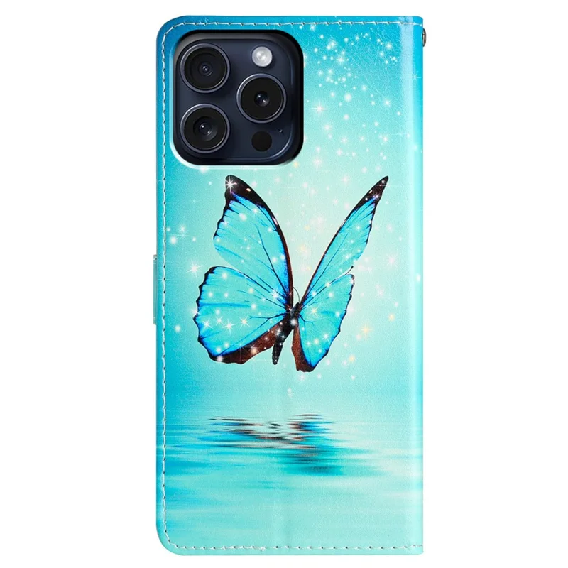For iPhone 16 Pro Case Print Pattern Design PU Leather Phone Cover with Card Slots Wrist Strap - Blue Butterfly