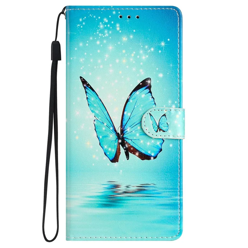 For iPhone 16 Pro Case Print Pattern Design PU Leather Phone Cover with Card Slots Wrist Strap - Blue Butterfly