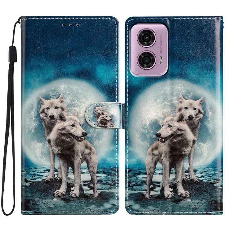 For Motorola Moto E14 4G / G04 4G / G04s 4G / G24 4G Case Pattern Leather Phone Cover with Card Slots - Two Wolves