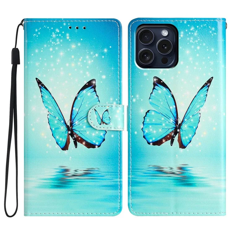 Für iPhone 16 Pro Max Case Pattern Print PU Leder Kreditkartenfächer Telefonabdeckung mit Handschlaufe - Blauer Schmetterling