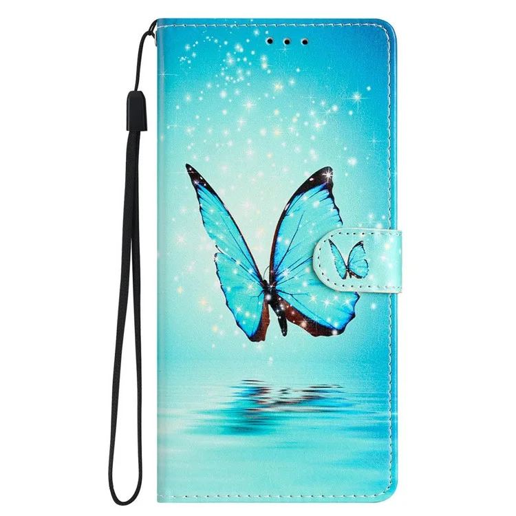 Für iPhone 16 Pro Max Case Pattern Print PU Leder Kreditkartenfächer Telefonabdeckung mit Handschlaufe - Blauer Schmetterling