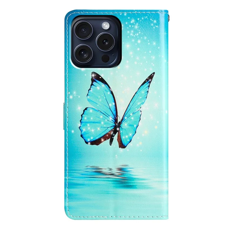 Für iPhone 16 Pro Max Case Pattern Print PU Leder Kreditkartenfächer Telefonabdeckung mit Handschlaufe - Blauer Schmetterling