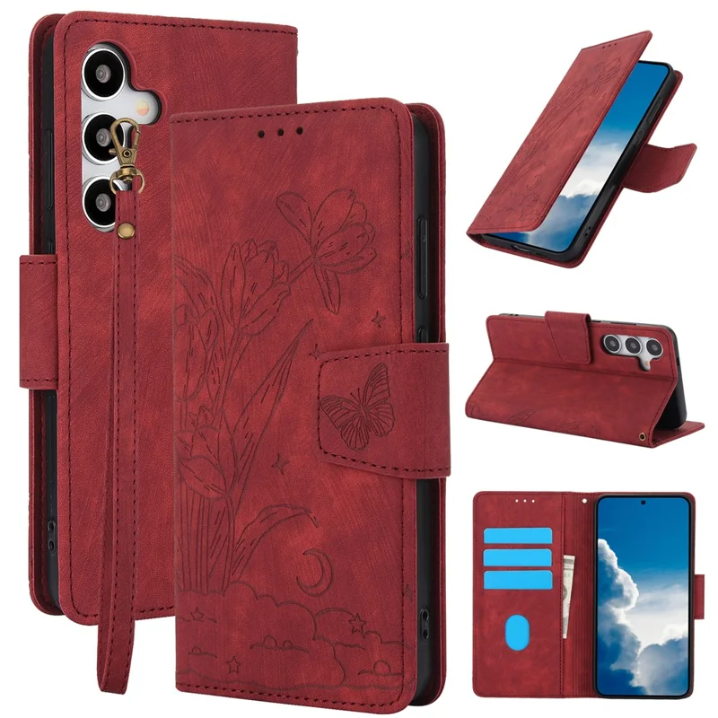 SY-001 For Samsung Galaxy S24 Case Butterfly Flower Leather Cover with Magnetic Clasp - Red