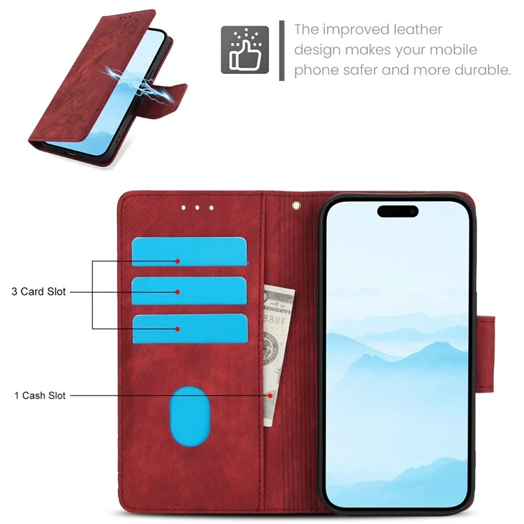 Funda tipo cartera para iPhone 15 SY-001 a prueba de golpes, de cuero - Rojo